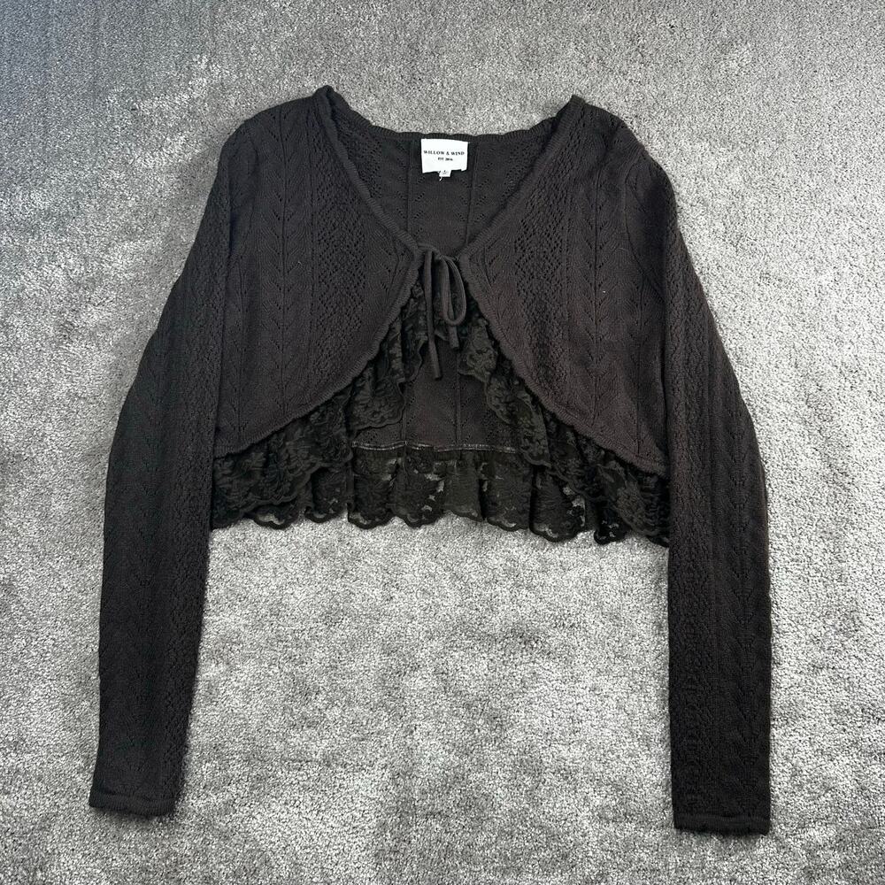 Willow & Wind Brown Pointelle Knit Cropped Bolero Cardigan Size L Lace Folksy